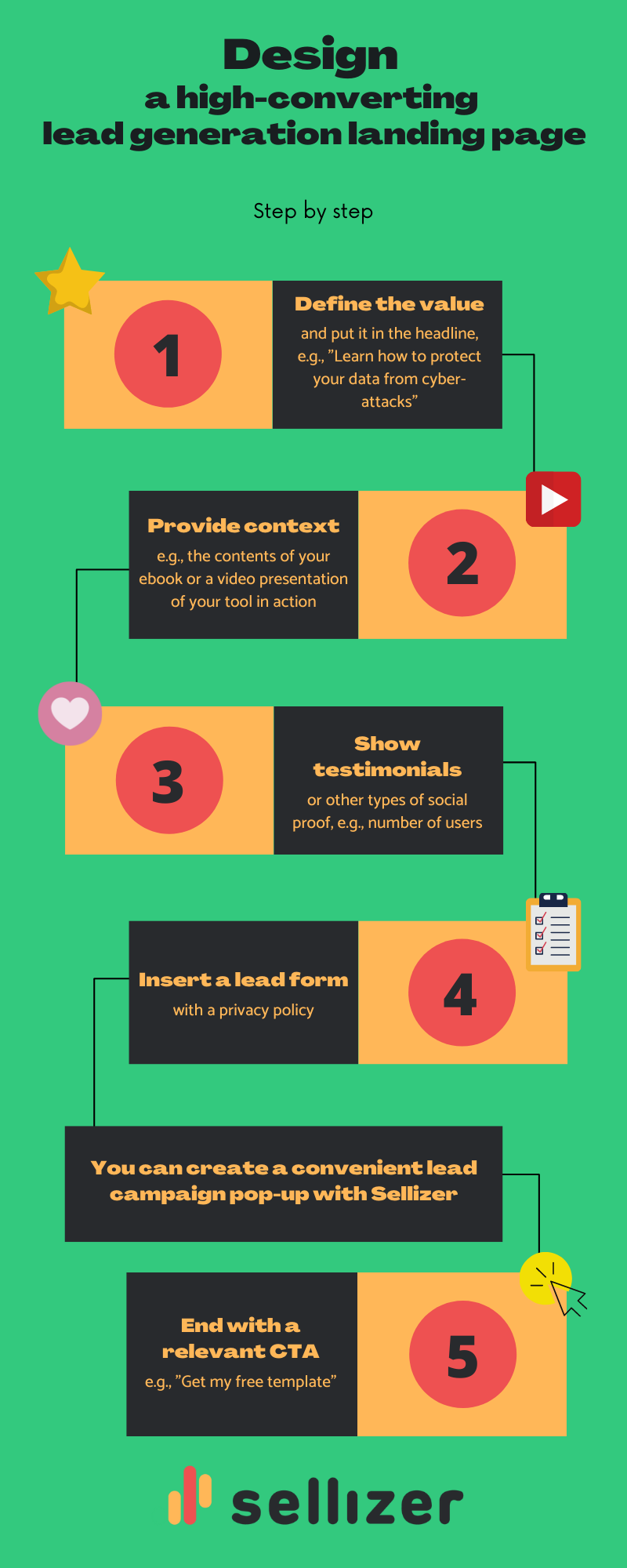 Design a high-converting lead generation landing page step by step

1. Define the value and put it in the headline, e.g., "Learn how to protect your data from cyber-attacks"

2. Provide context, e.g., the contents of your ebook or a video presentation of your tool in action

3. Show testimonials or other types of social proof, e.g., number of users

4. Insert a lead form with a privacy policy. You can create a convenient lead campaign pop-up with Sellizer

5. End with a relevant CTA, e.g., "Get my free template"