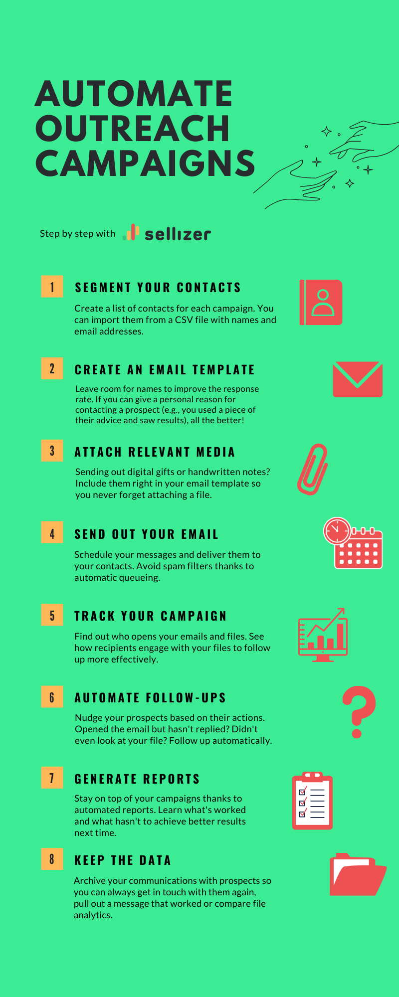 Automate outreach campaigns step by step with Sellizer

1. Segment your contacts. Create a list of contacts for each campaign. You can import them from a CSV file with names and email addresses.

2. Create an email template. Leave room for names to improve the response rate. If you can give a personal reason for contacting a prospect (e.g., you used a piece of their advice and saw results), all the better!

3. Attach relevant media. Sending out digital gifts or handwritten notes? Include them right in your email template so you never forget attaching a file.

4. Send out your email. Schedule your messages and deliver them to your contacts. Avoid spam filters thanks to automatic queueing.

5. Track your campaign. Find out who opens your emails and files. See how recipients engage with your files to follow up more effectively.

6. Automate follow-ups. Nudge your prospects based on their actions. Opened the email but hasn't replied? Didn't even look at your file? Follow up automatically.

7. Generate reports. Stay on top of your campaigns thanks to automated reports. Learn what's worked and what hasn't to achieve better results next time.

8. Keep the data. Archive your communications with prospects so you can always get in touch with them again, pull out a message that worked or compare file analytics.